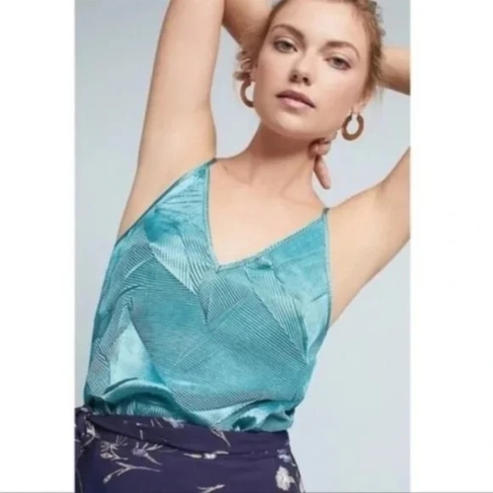 Floreat Anthropologie Teal Satin Tank Top Blouse | Textured Leaf Print Cami